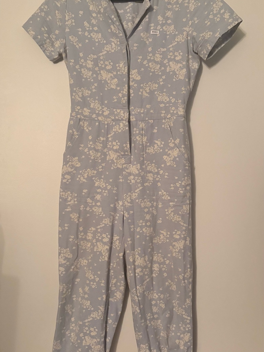 RVCA Light Blue Floral Short-Sleeve Jumpsuit
